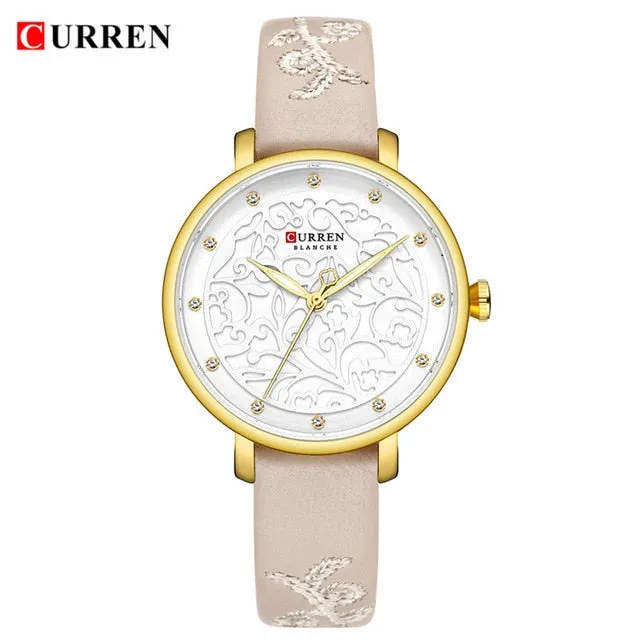 Top Brand CURREN Women Watches Pink Leather Wristwatch with Rhinestone Ladies Clock Fashion Luxury Quartz Watch Relogio Feminino