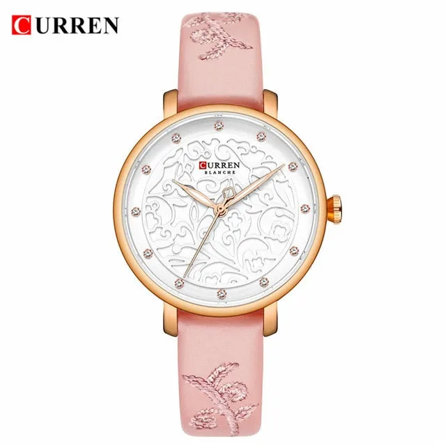 Top Brand CURREN Women Watches Pink Leather Wristwatch with Rhinestone Ladies Clock Fashion Luxury Quartz Watch Relogio Feminino
