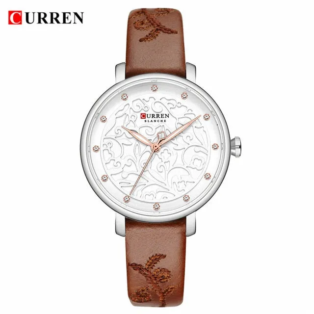 Top Brand CURREN Women Watches Pink Leather Wristwatch with Rhinestone Ladies Clock Fashion Luxury Quartz Watch Relogio Feminino