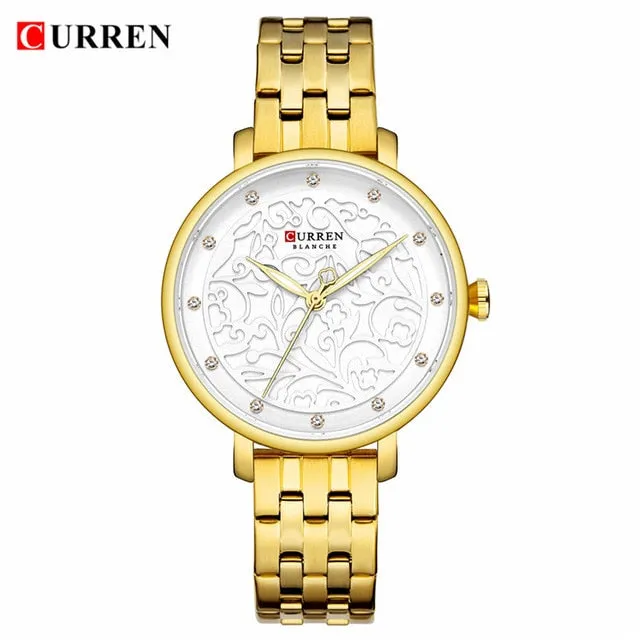 Top Brand CURREN Women Watches Pink Leather Wristwatch with Rhinestone Ladies Clock Fashion Luxury Quartz Watch Relogio Feminino
