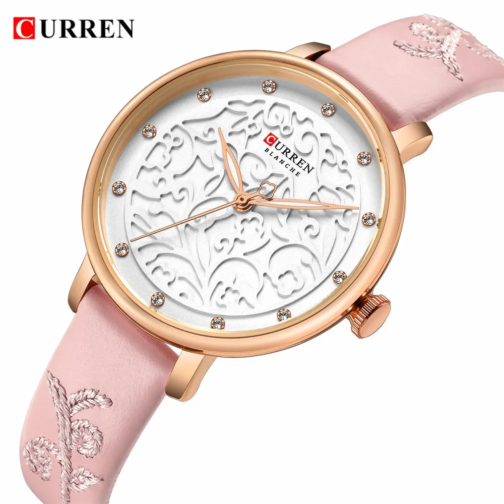 Top Brand CURREN Women Watches Pink Leather Wristwatch with Rhinestone Ladies Clock Fashion Luxury Quartz Watch Relogio Feminino