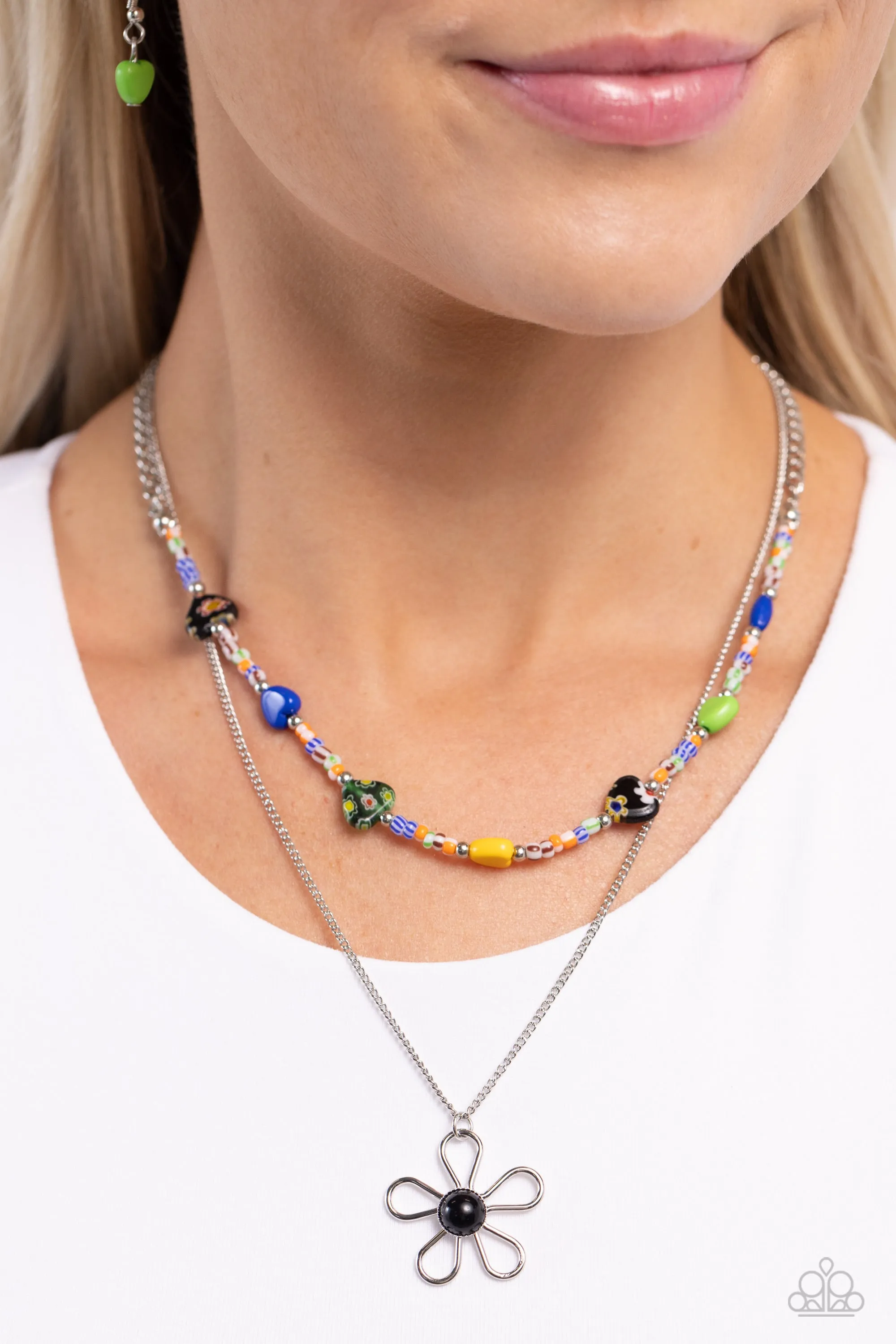 Traditionally Trendy - Black - Colored Heart, Flower, and Seed Bead Tiered Paparazzi Short Necklace
