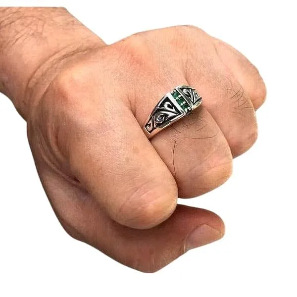 Tribal Emerald Sterling Silver Ring