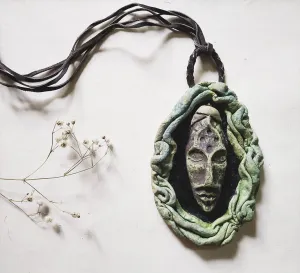 Tribal Lady Mask Pendant - Light Green and Black