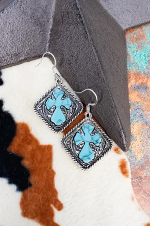 Turquoise Camira Cross Silvertone Diamond Earrings