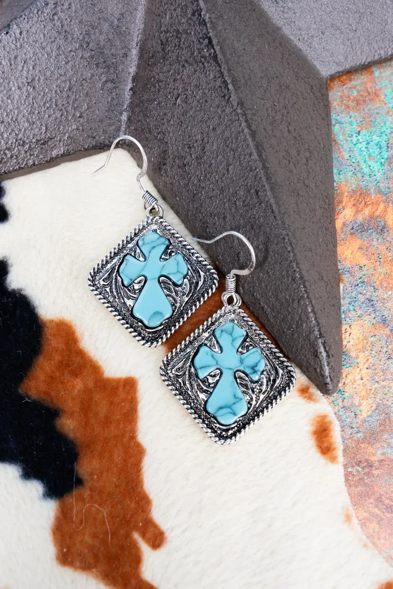Turquoise Camira Cross Silvertone Diamond Earrings