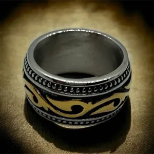 Two-Tone Tribal Tattoo Stainless Steel Ring (#r0012)