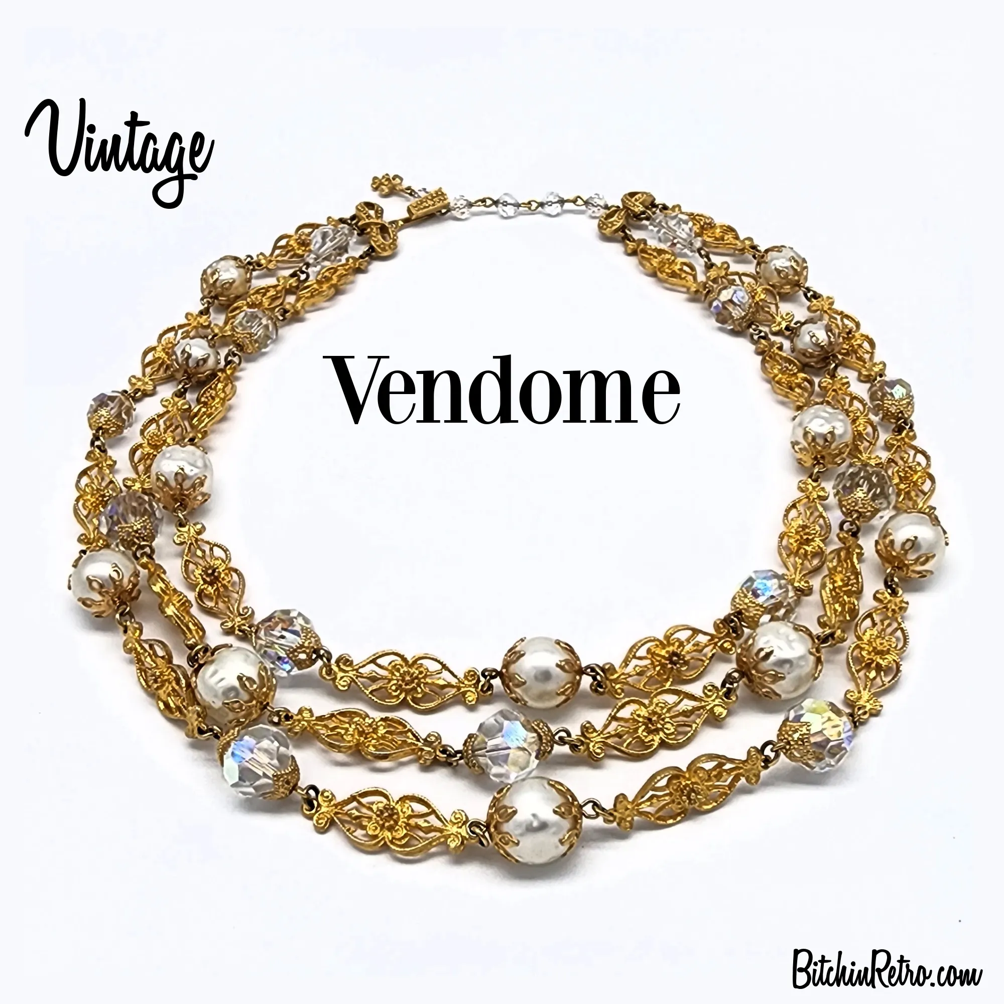 Vendome Vintage Necklace with Baroque Pearls and Aurora Borealis Crystal Beads