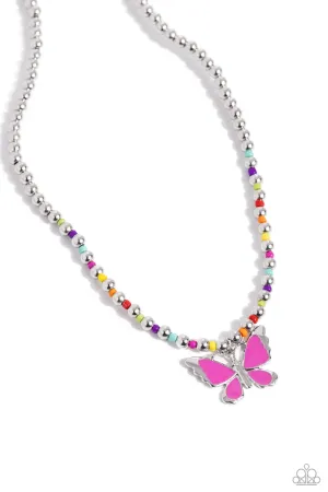 Vibrant Flutter - Multi - Colorful Seed Bead Pink Butterfly Paparazzi Short Necklace