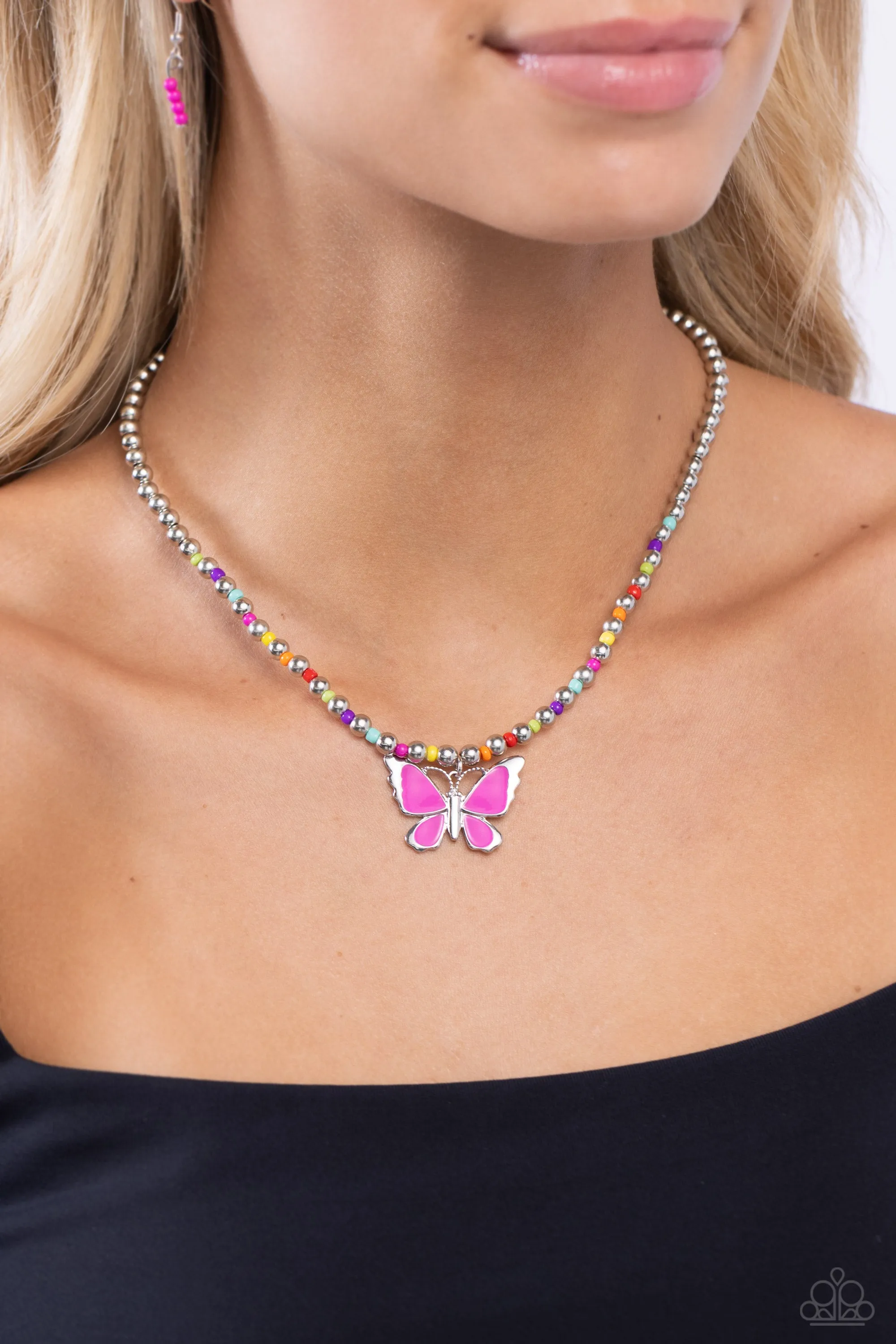 Vibrant Flutter - Multi - Colorful Seed Bead Pink Butterfly Paparazzi Short Necklace