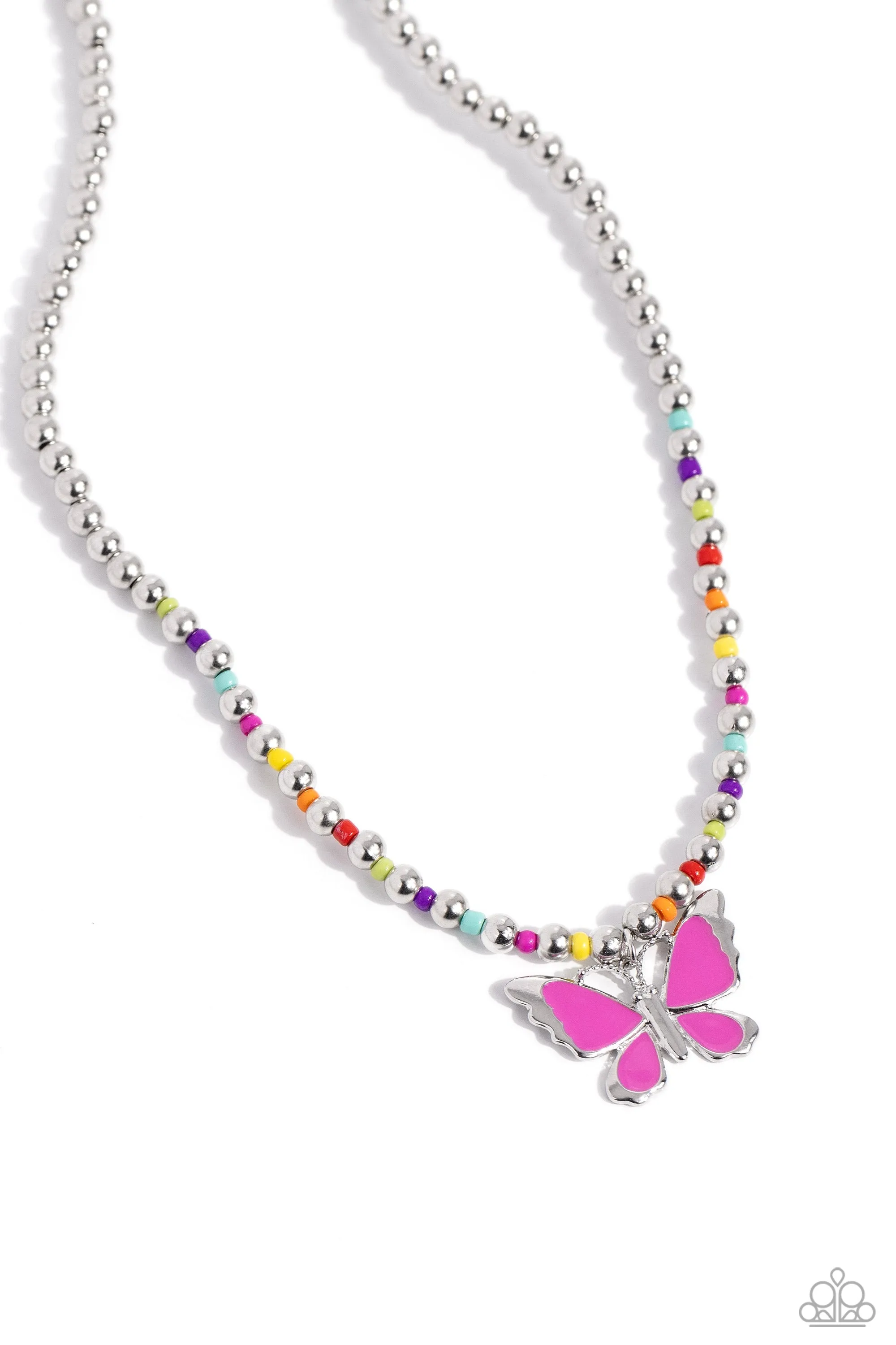 Vibrant Flutter - Multi - Colorful Seed Bead Pink Butterfly Paparazzi Short Necklace