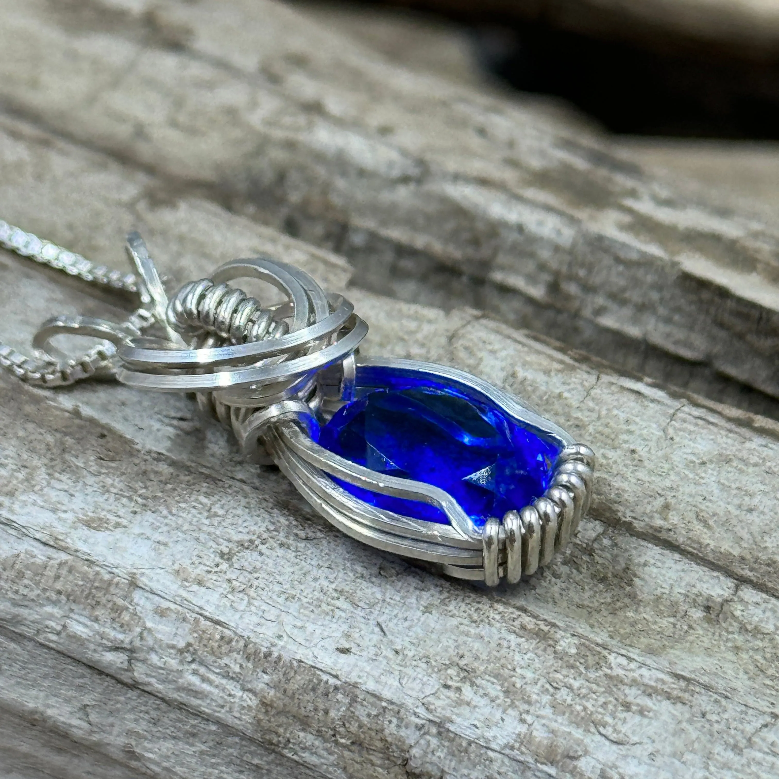 Vintage Blue Glass Gemstone Wire-wrapped Pendant