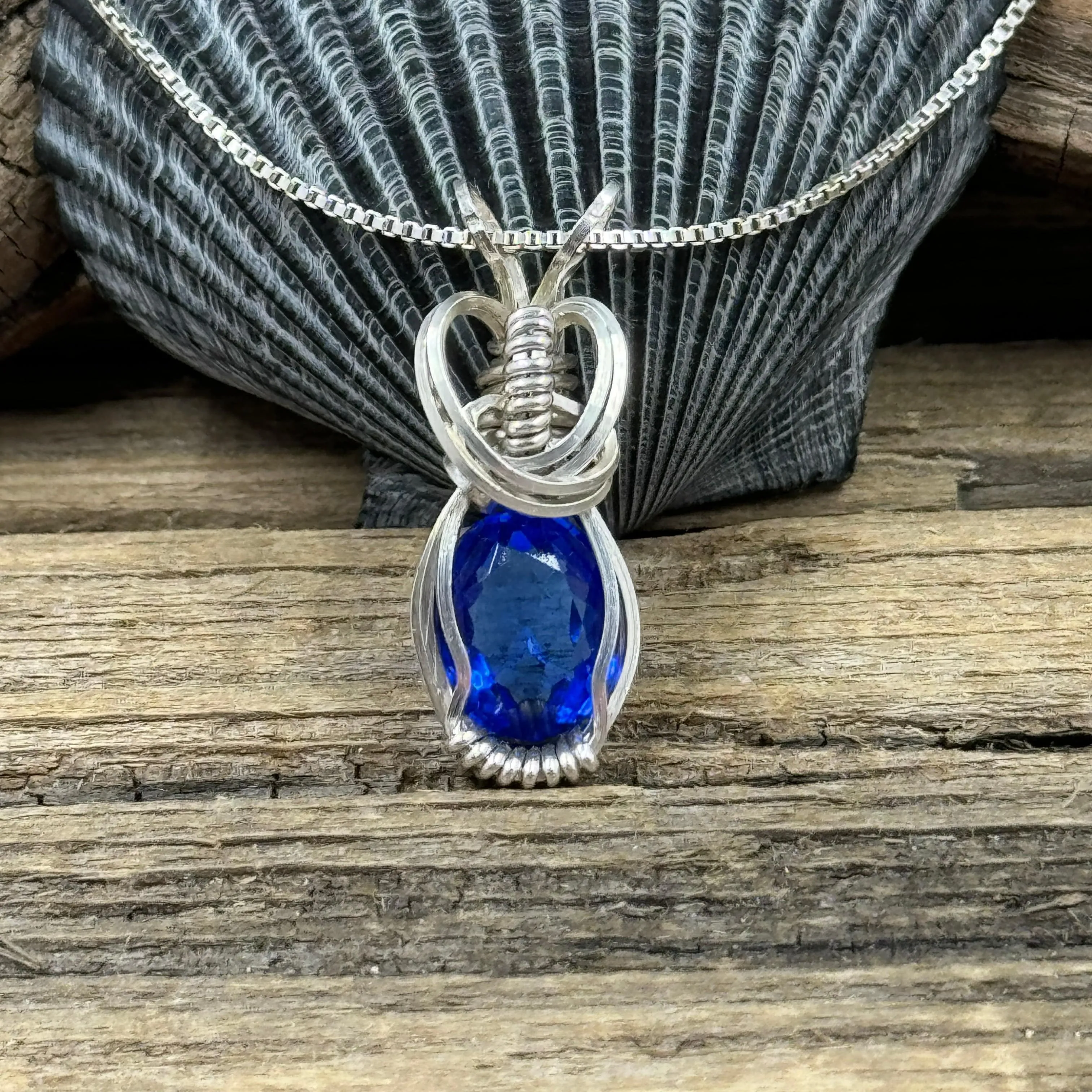 Vintage Blue Glass Gemstone Wire-wrapped Pendant