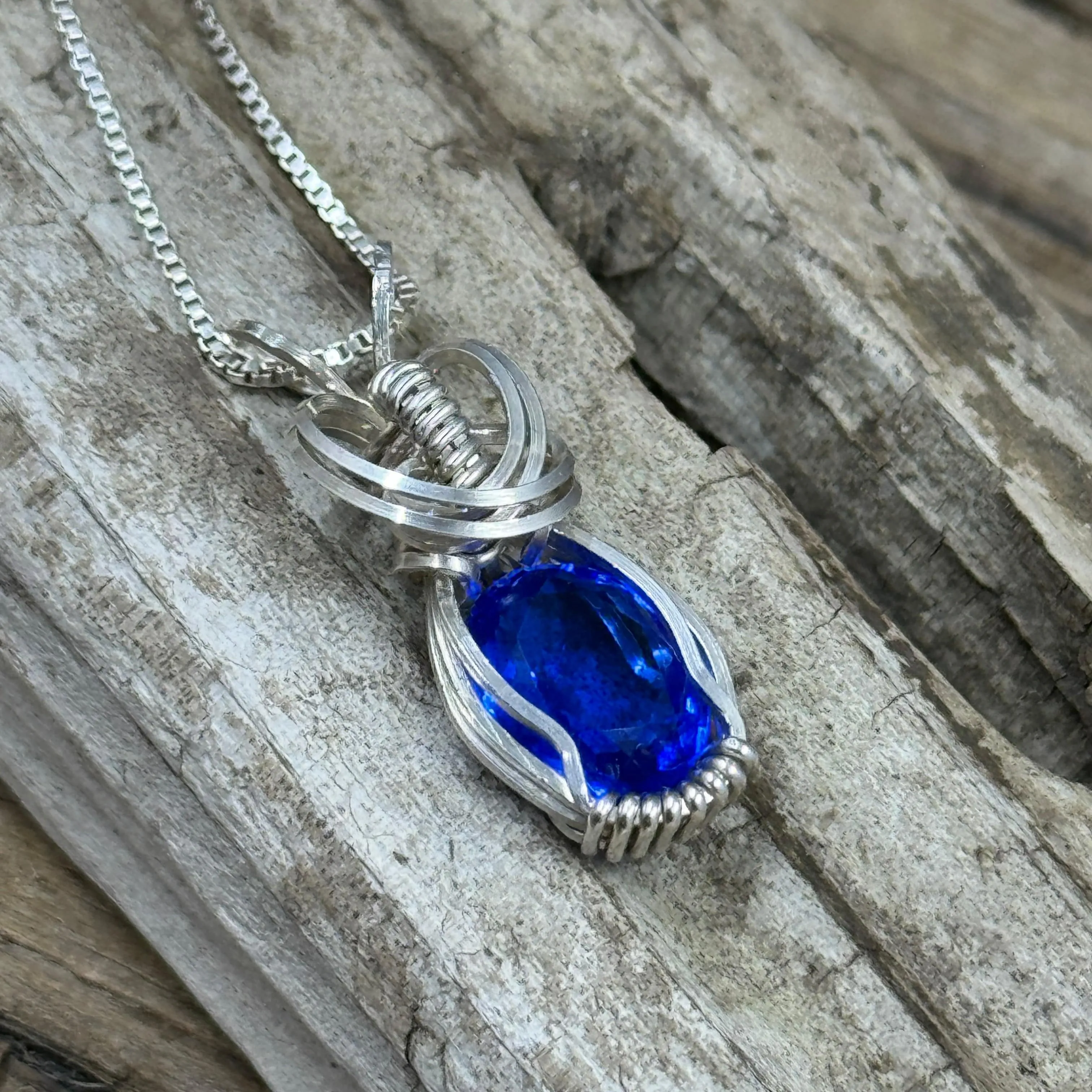 Vintage Blue Glass Gemstone Wire-wrapped Pendant