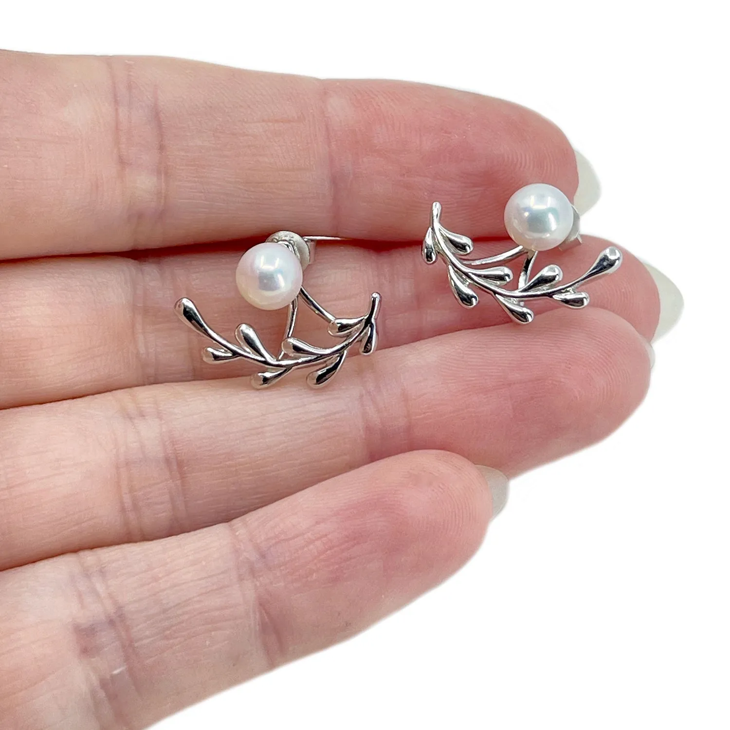 Vintage Ear Climber Jacket Akoya Saltwater Cultured Pearl Pierced Stud Earrings- Sterling Silver