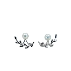 Vintage Ear Climber Jacket Akoya Saltwater Cultured Pearl Pierced Stud Earrings- Sterling Silver