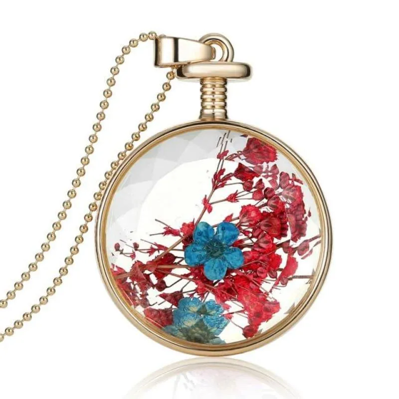 Vintage Flowers Glass Necklace & Pendant Gold Long Chain  Fine Jewelry