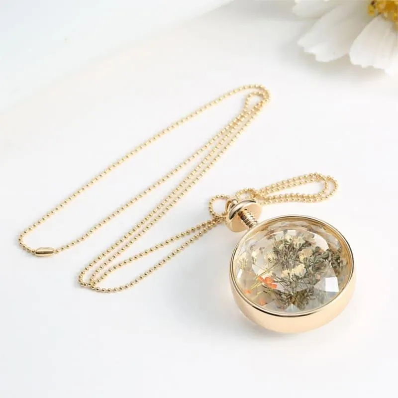 Vintage Flowers Glass Necklace & Pendant Gold Long Chain  Fine Jewelry
