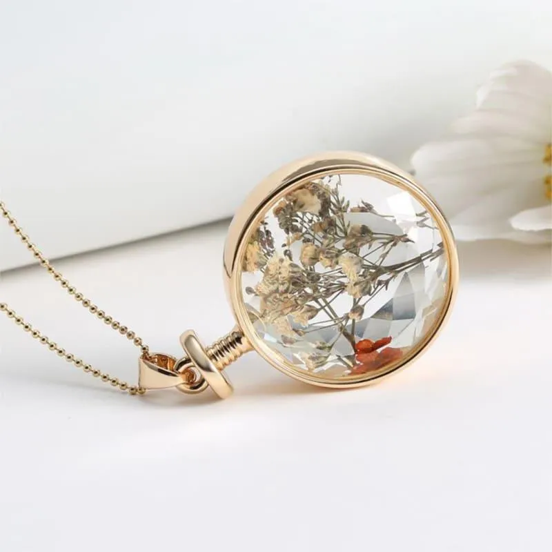 Vintage Flowers Glass Necklace & Pendant Gold Long Chain  Fine Jewelry