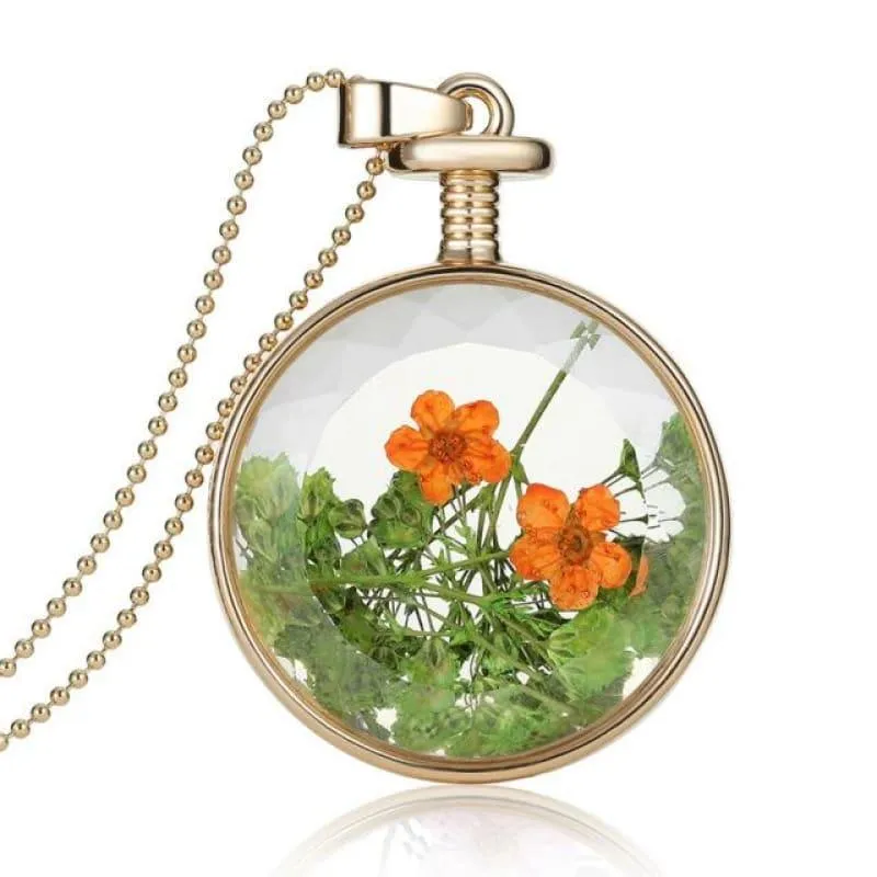 Vintage Flowers Glass Necklace & Pendant Gold Long Chain  Fine Jewelry