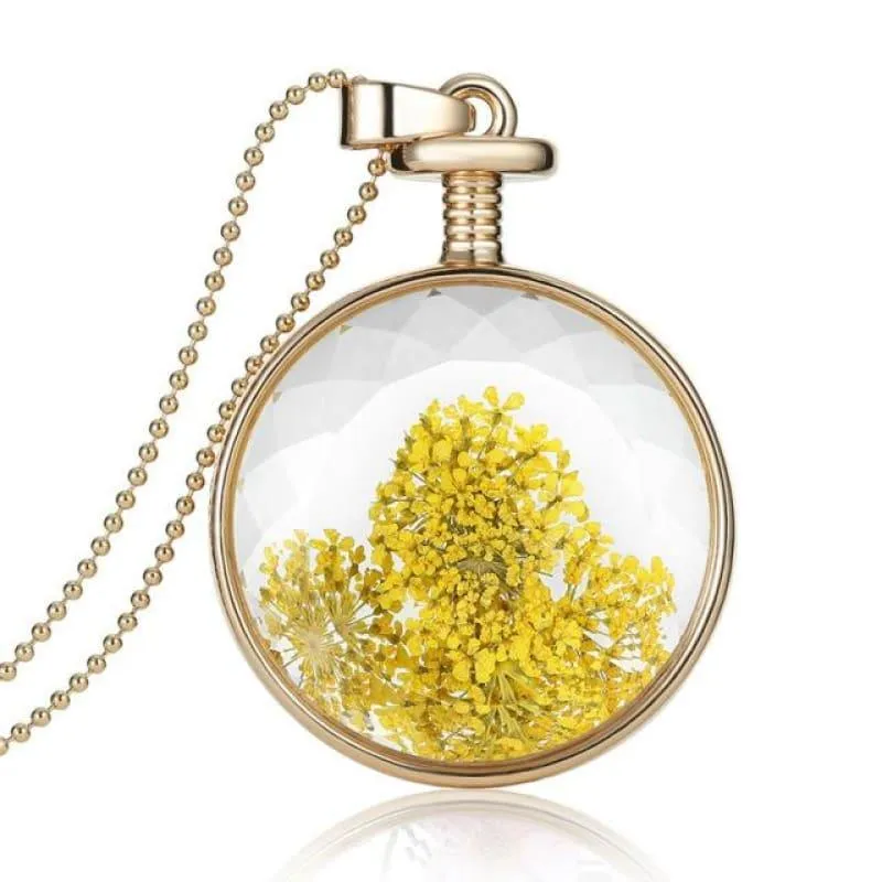 Vintage Flowers Glass Necklace & Pendant Gold Long Chain  Fine Jewelry