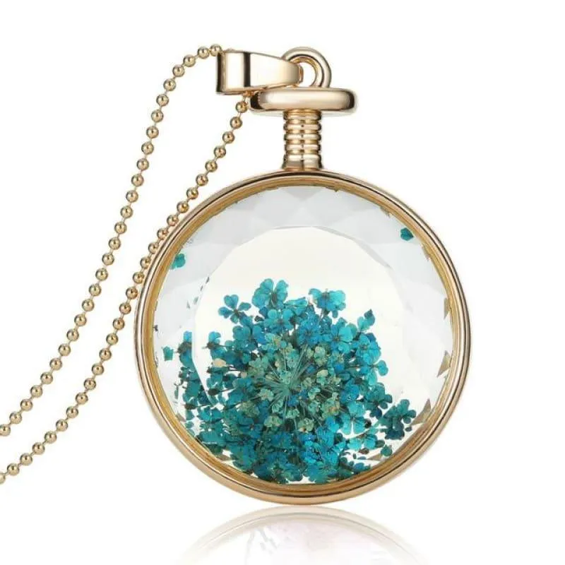 Vintage Flowers Glass Necklace & Pendant Gold Long Chain  Fine Jewelry