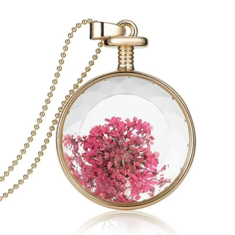 Vintage Flowers Glass Necklace & Pendant Gold Long Chain  Fine Jewelry