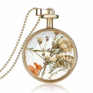 Vintage Flowers Glass Necklace & Pendant Gold Long Chain  Fine Jewelry