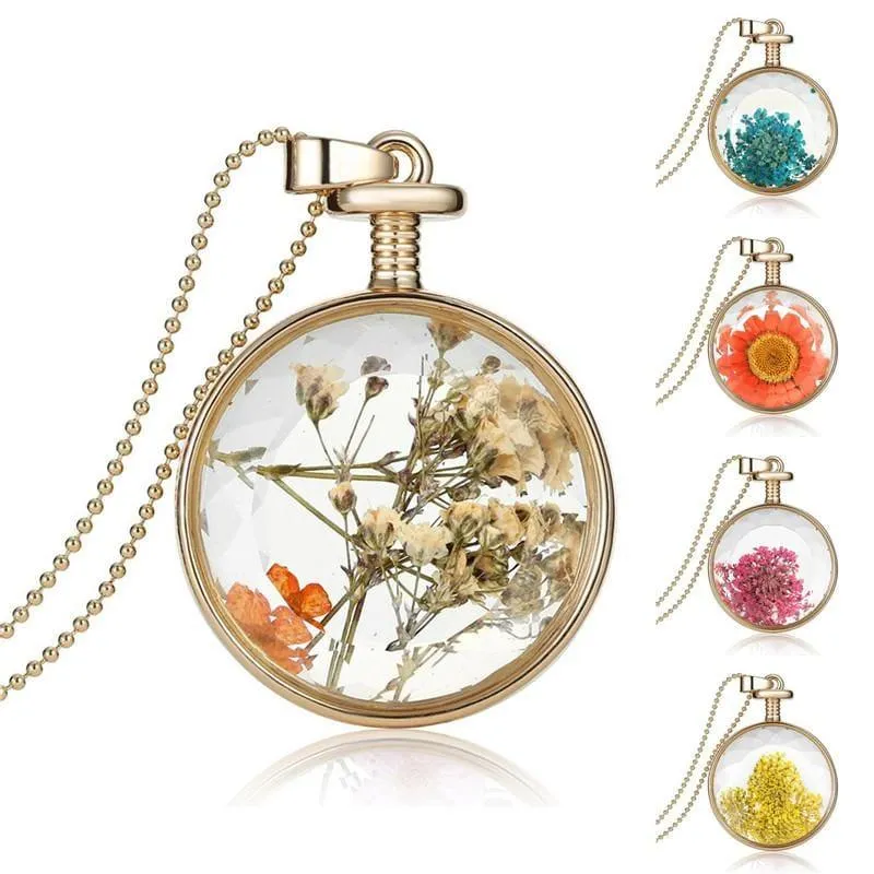 Vintage Flowers Glass Necklace & Pendant Gold Long Chain  Fine Jewelry