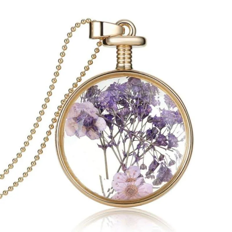 Vintage Flowers Glass Necklace & Pendant Gold Long Chain  Fine Jewelry