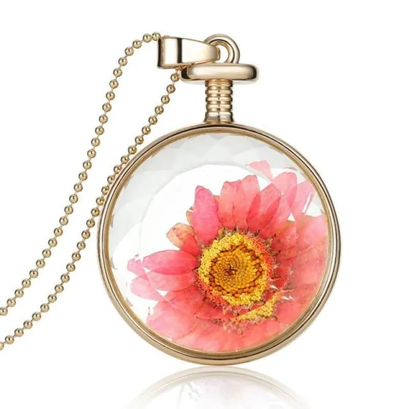 Vintage Flowers Glass Necklace & Pendant Gold Long Chain  Fine Jewelry