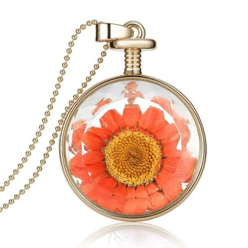 Vintage Flowers Glass Necklace & Pendant Gold Long Chain  Fine Jewelry