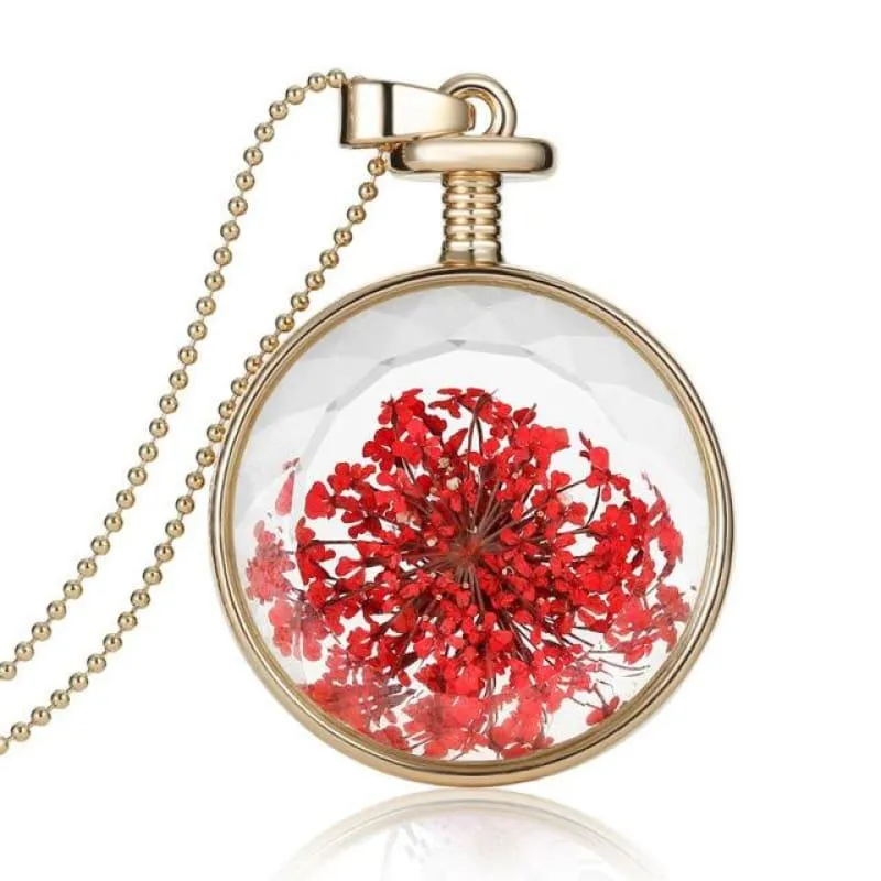 Vintage Flowers Glass Necklace & Pendant Gold Long Chain  Fine Jewelry