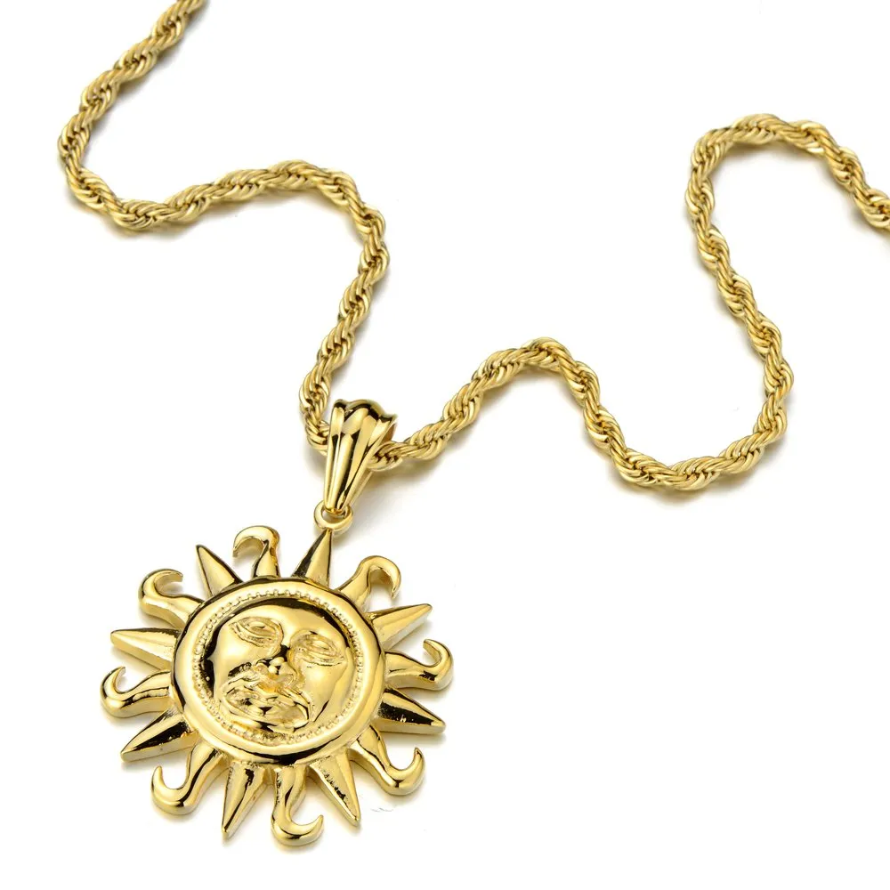 Vintage Unisex Golden Sun Pendant Necklace for Men for Women Stainless Steel with 23.9 in Rope Chain