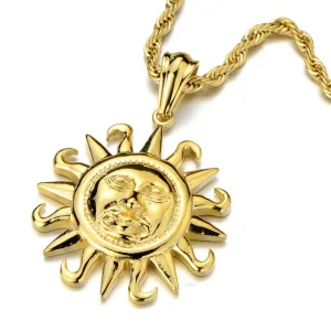 Vintage Unisex Golden Sun Pendant Necklace for Men for Women Stainless Steel with 23.9 in Rope Chain
