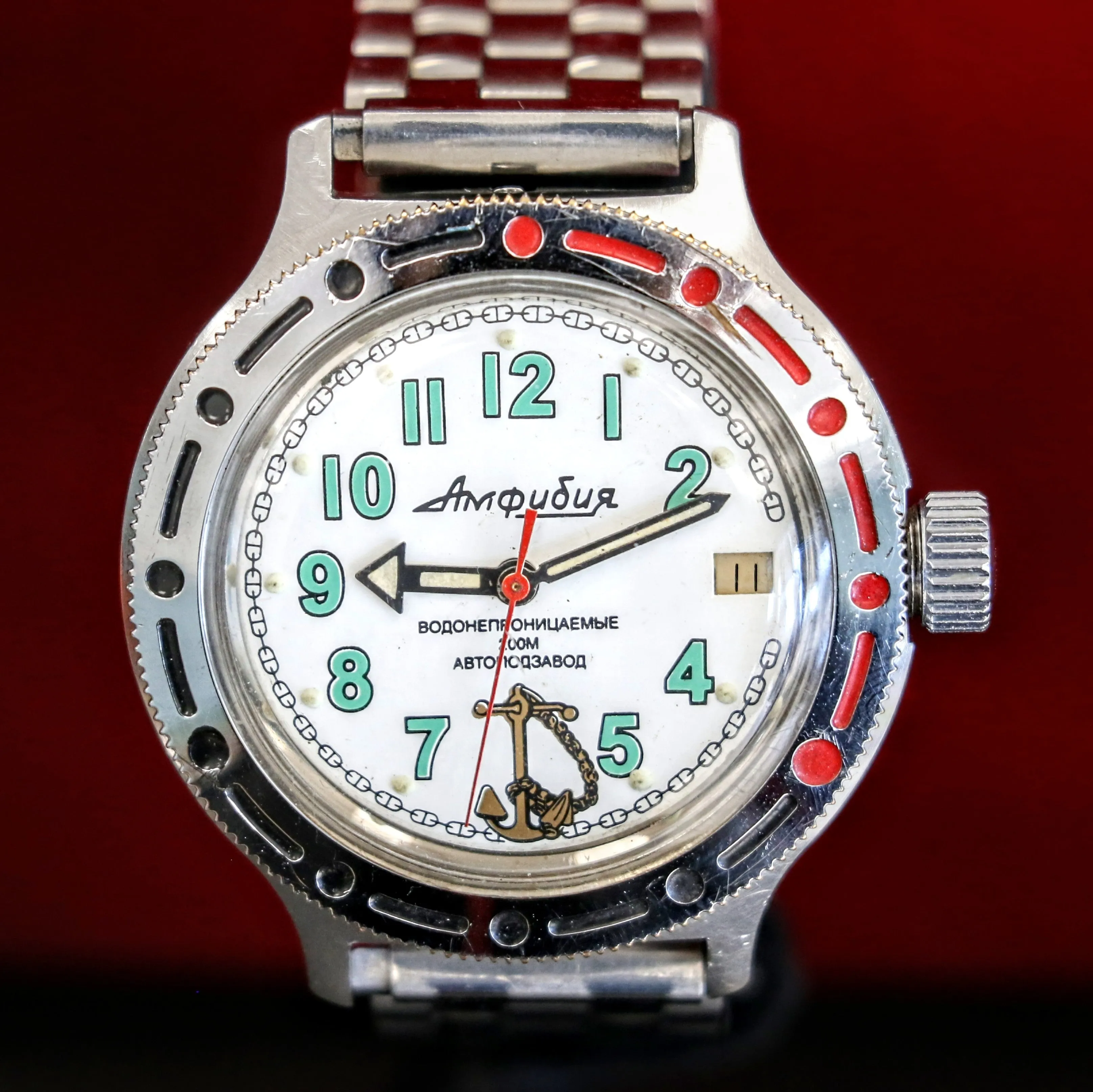 VOSTOK Sea Captain Amphibian Automatic Watch 200M Date Indicator Wristwatch
