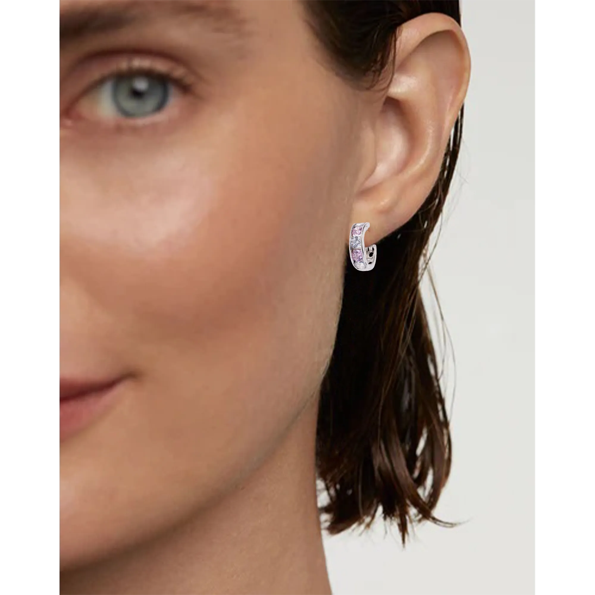 White Gold Rose Cubic Zirconia Huggie Earrings