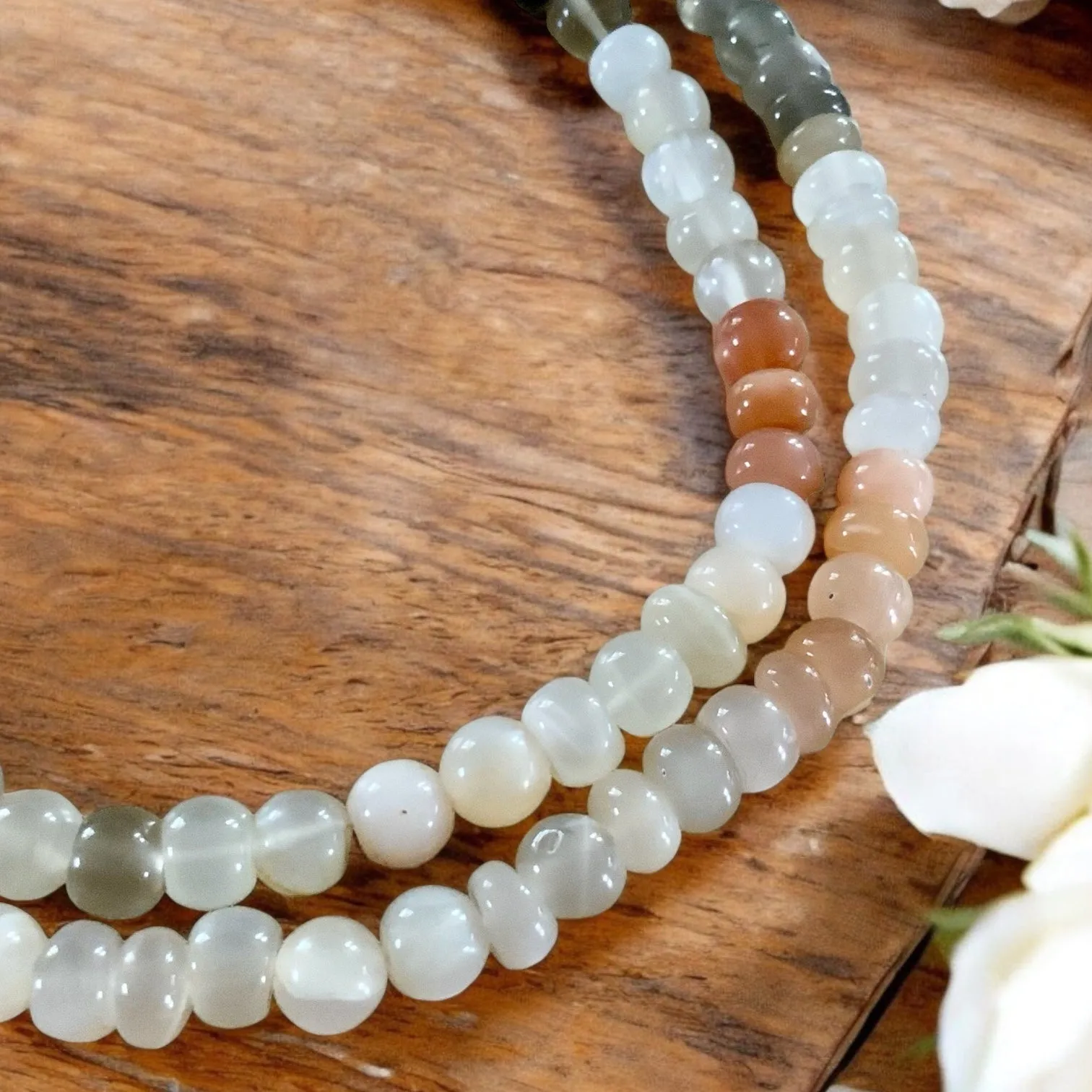 White Peach Gray Moonstone Beaded Necklace