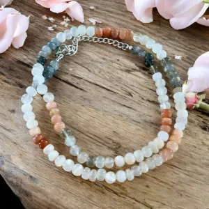 White Peach Gray Moonstone Beaded Necklace