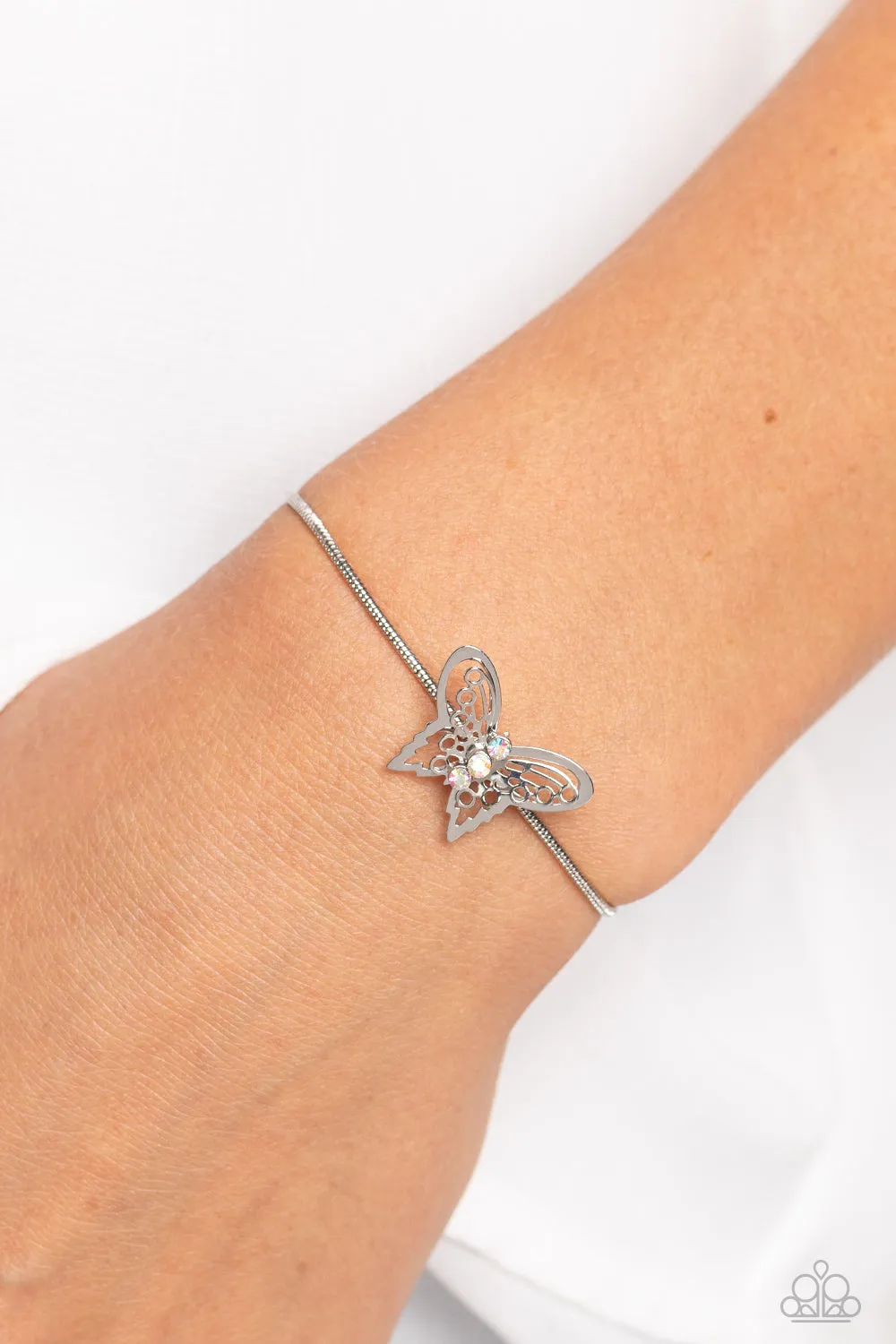 Wings of Wonder - Multi - Iridescent Rhinestone Center Butterfly Paparazzi Lariat Bracelet