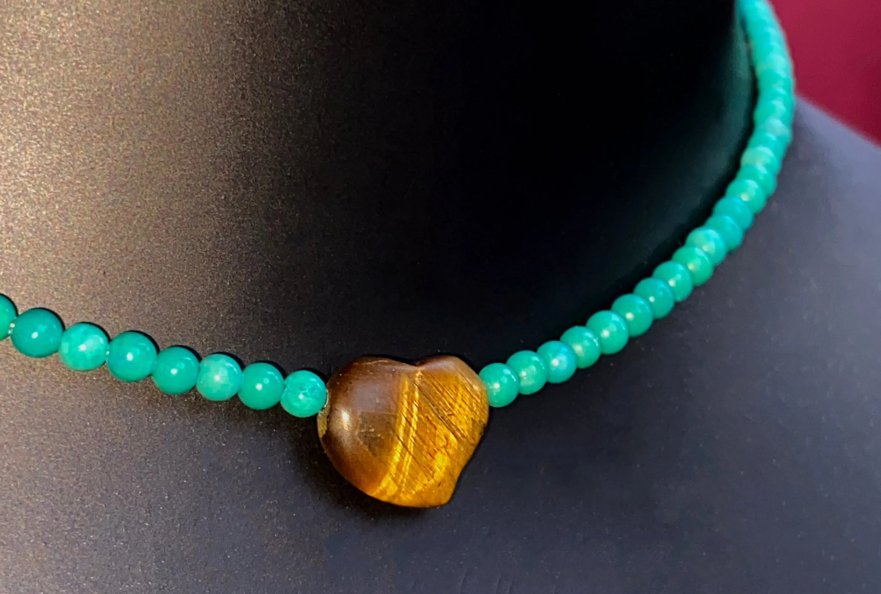 Women's Tiger Eye heart Pink Opal or Turquoise Gemstone beaded Necklace