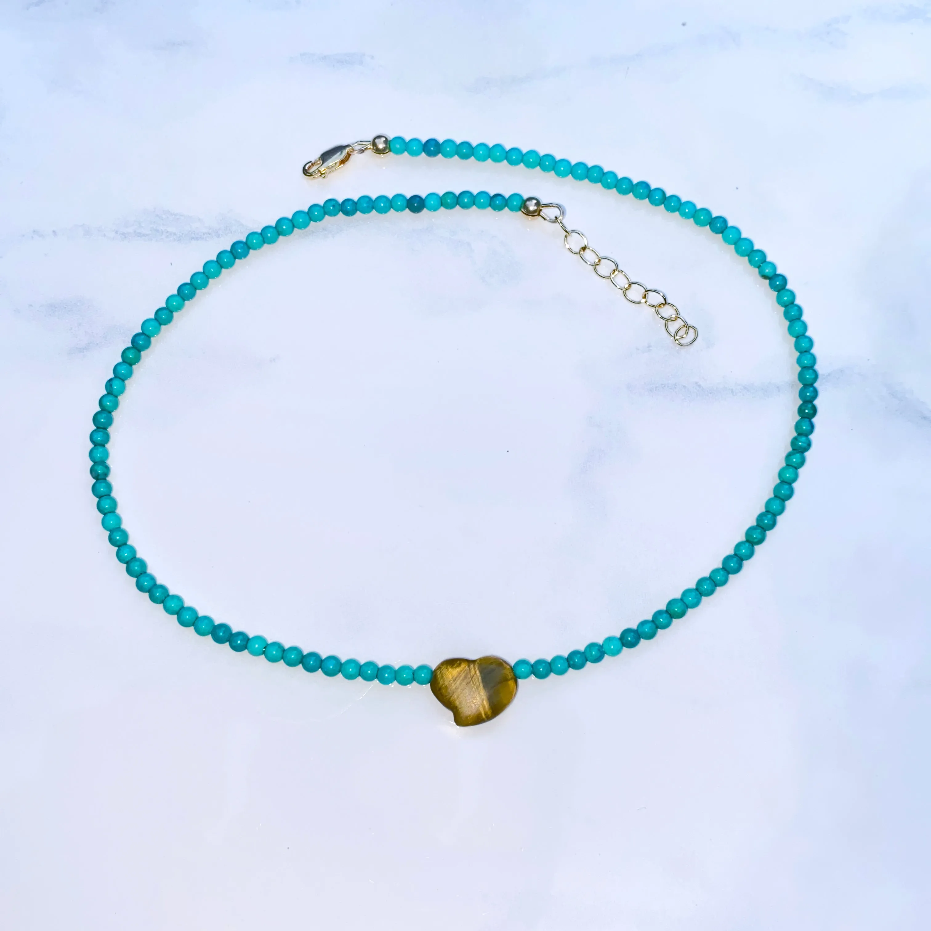 Women's Tiger Eye heart Pink Opal or Turquoise Gemstone beaded Necklace