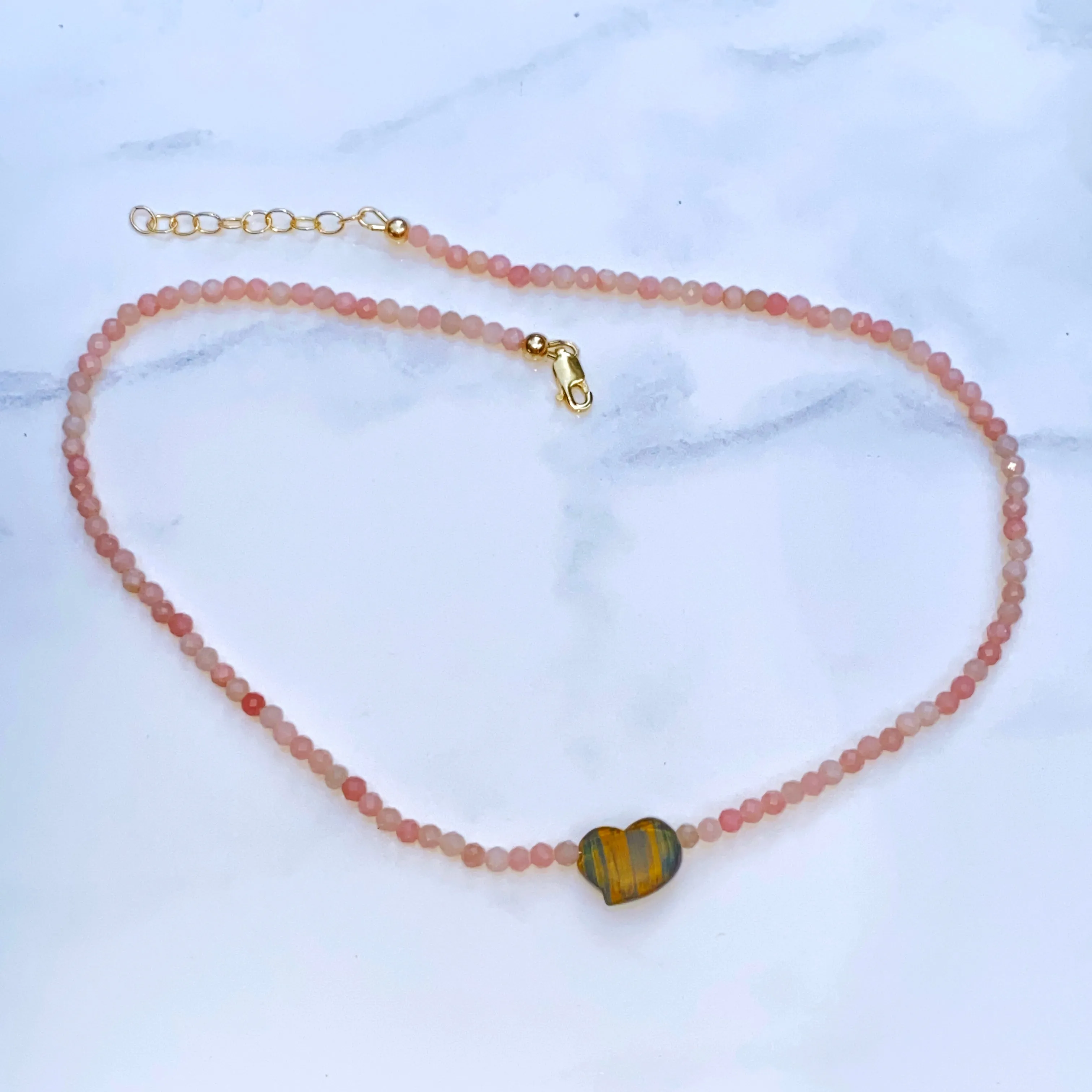 Women's Tiger Eye heart Pink Opal or Turquoise Gemstone beaded Necklace