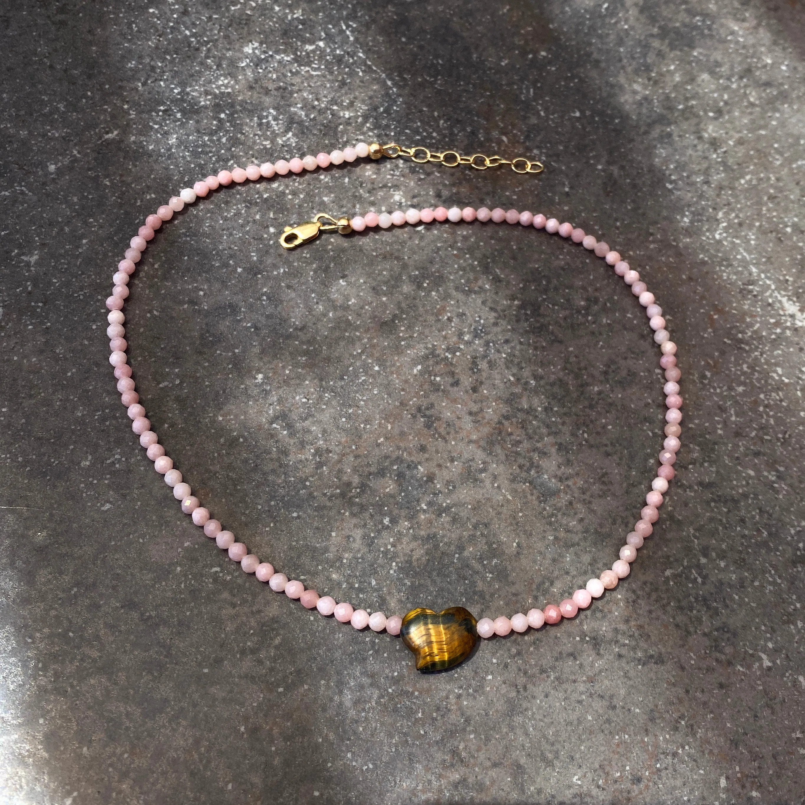 Women's Tiger Eye heart Pink Opal or Turquoise Gemstone beaded Necklace