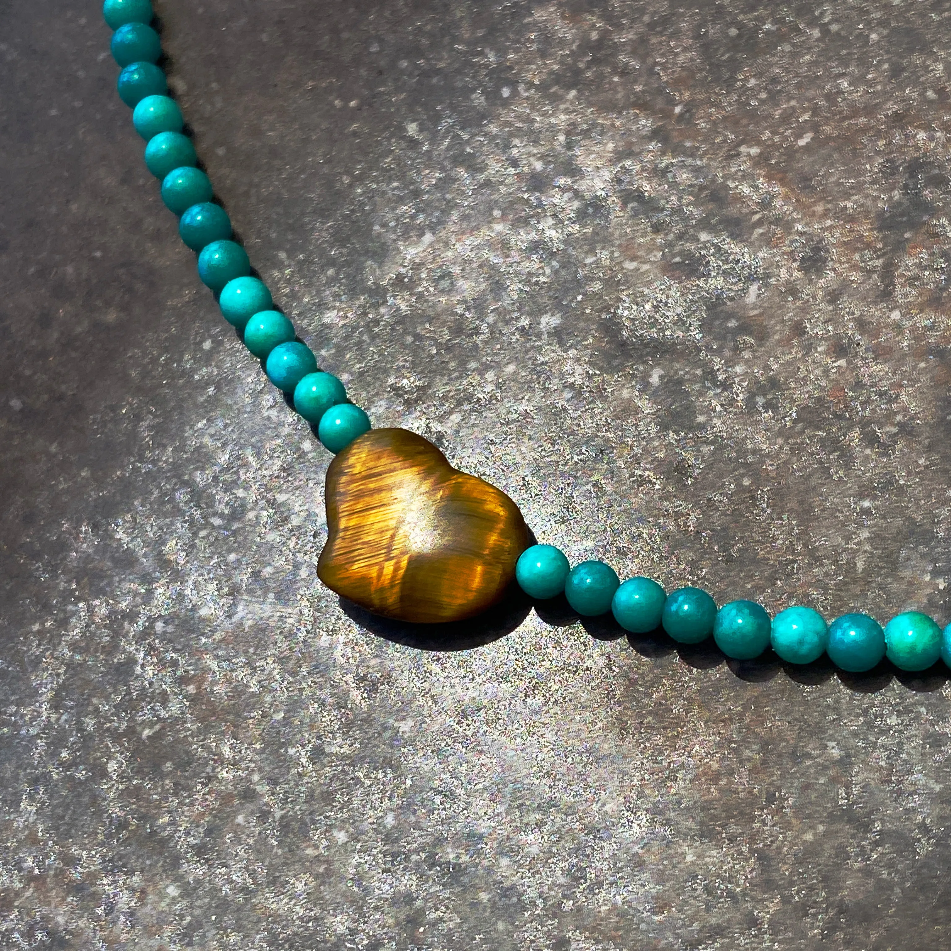 Women's Tiger Eye heart Pink Opal or Turquoise Gemstone beaded Necklace
