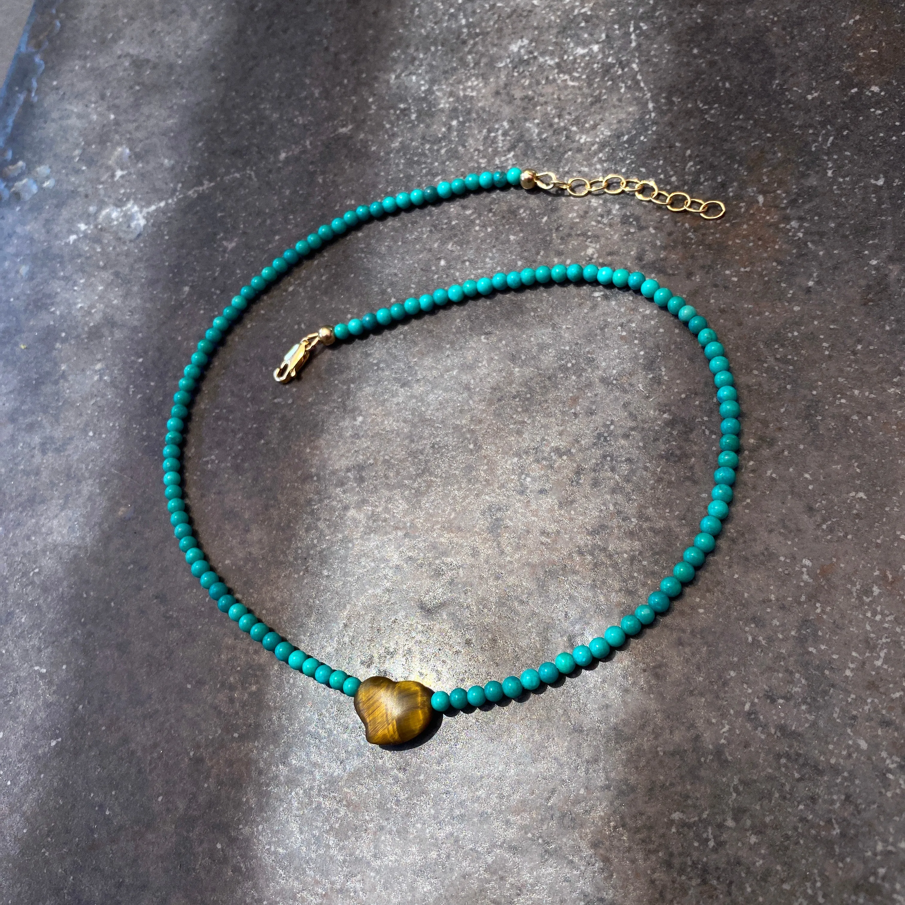 Women's Tiger Eye heart Pink Opal or Turquoise Gemstone beaded Necklace