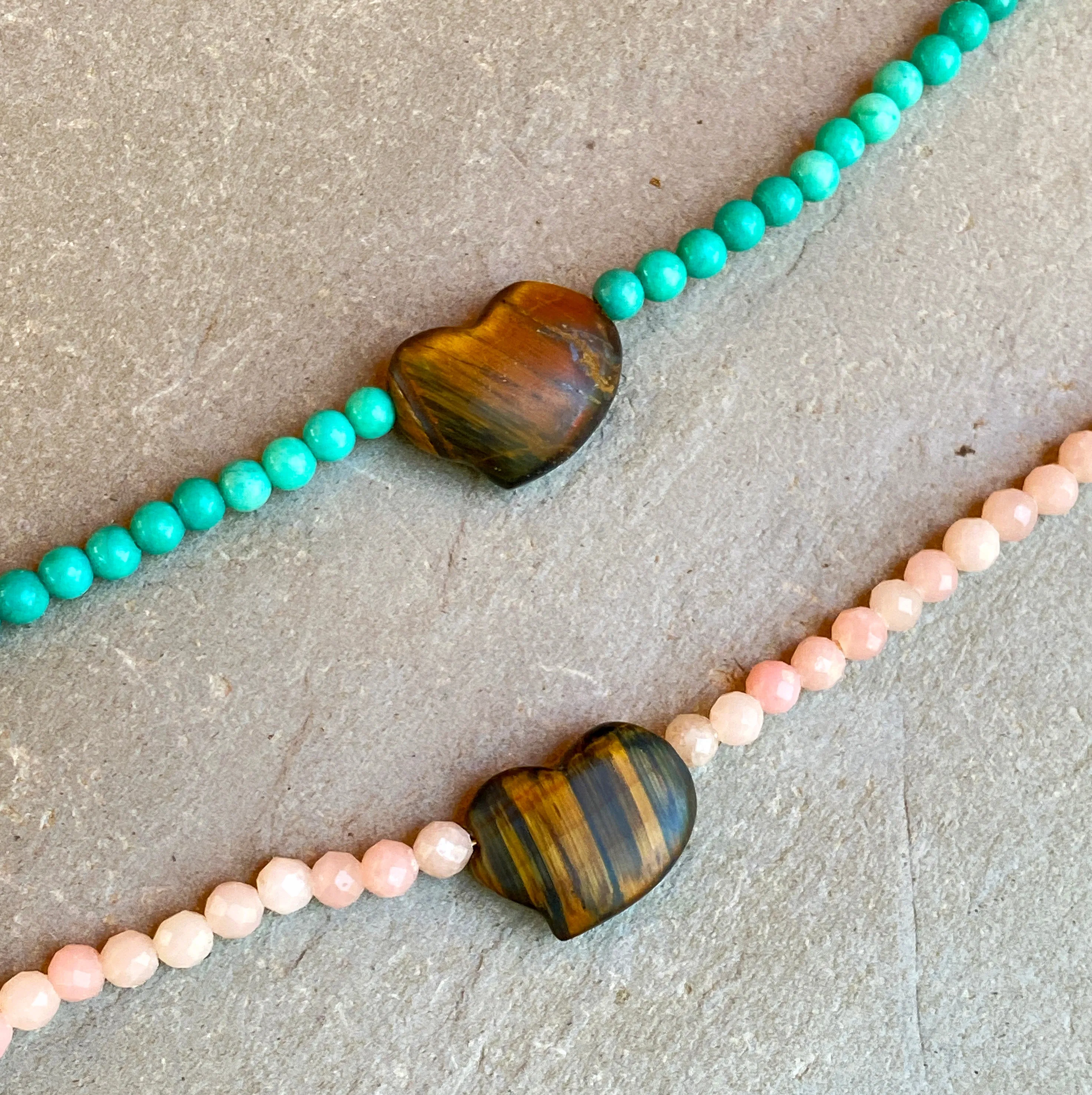 Women's Tiger Eye heart Pink Opal or Turquoise Gemstone beaded Necklace