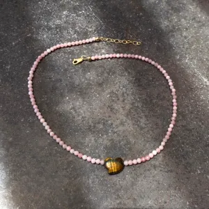 Women's Tiger Eye heart Pink Opal or Turquoise Gemstone beaded Necklace