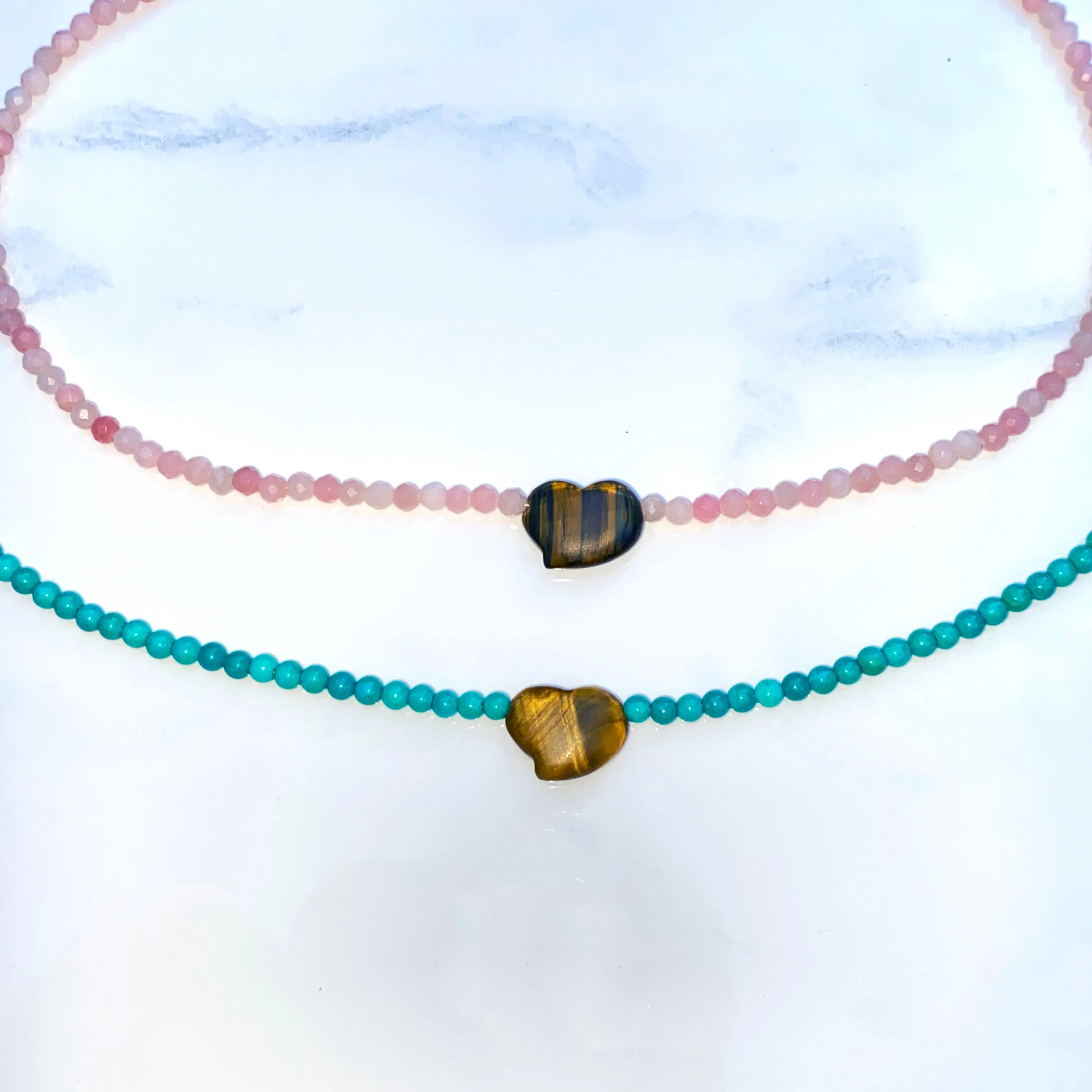 Women's Tiger Eye heart Pink Opal or Turquoise Gemstone beaded Necklace