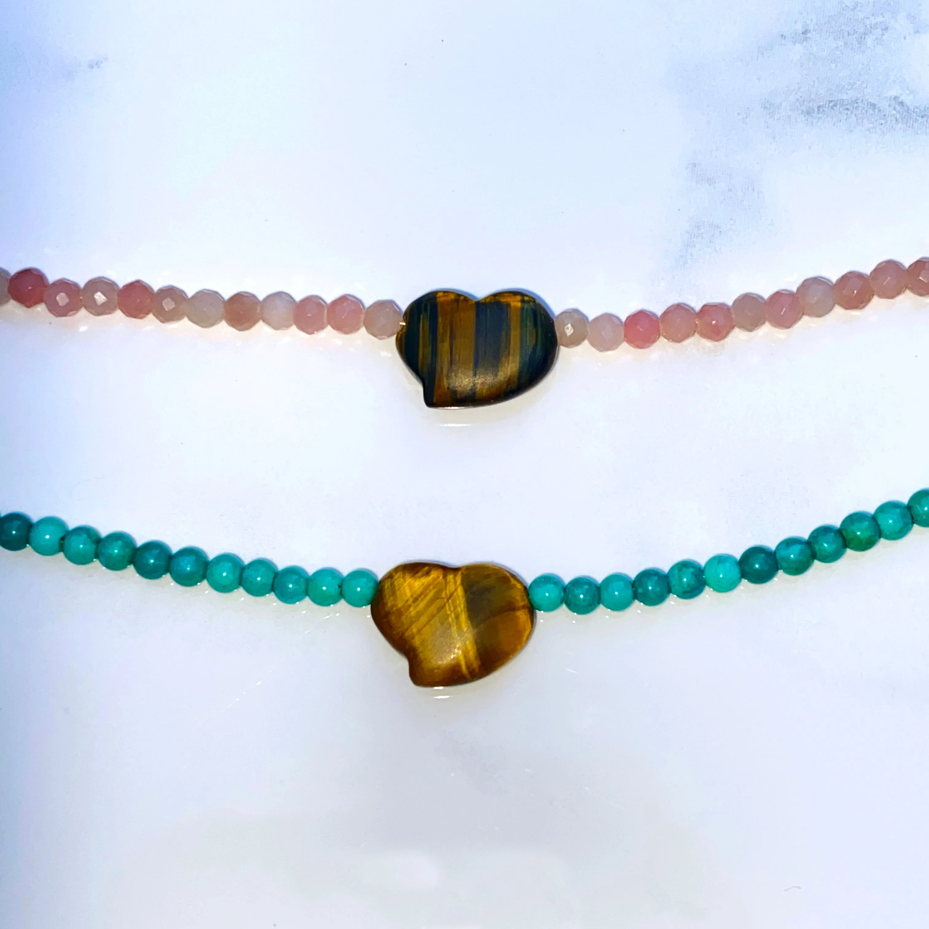 Women's Tiger Eye heart Pink Opal or Turquoise Gemstone beaded Necklace